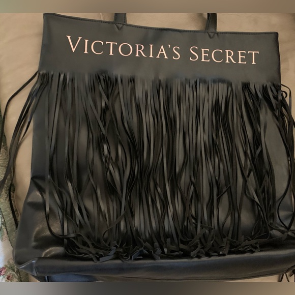 VICTORIAS SECRET Black Fringe PVC Double Handle Large Tote BAG Lined - Picture 2 of 8